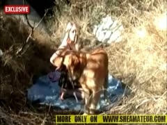 Blowing a dog outside while fucking a young, virgin brunette newbie